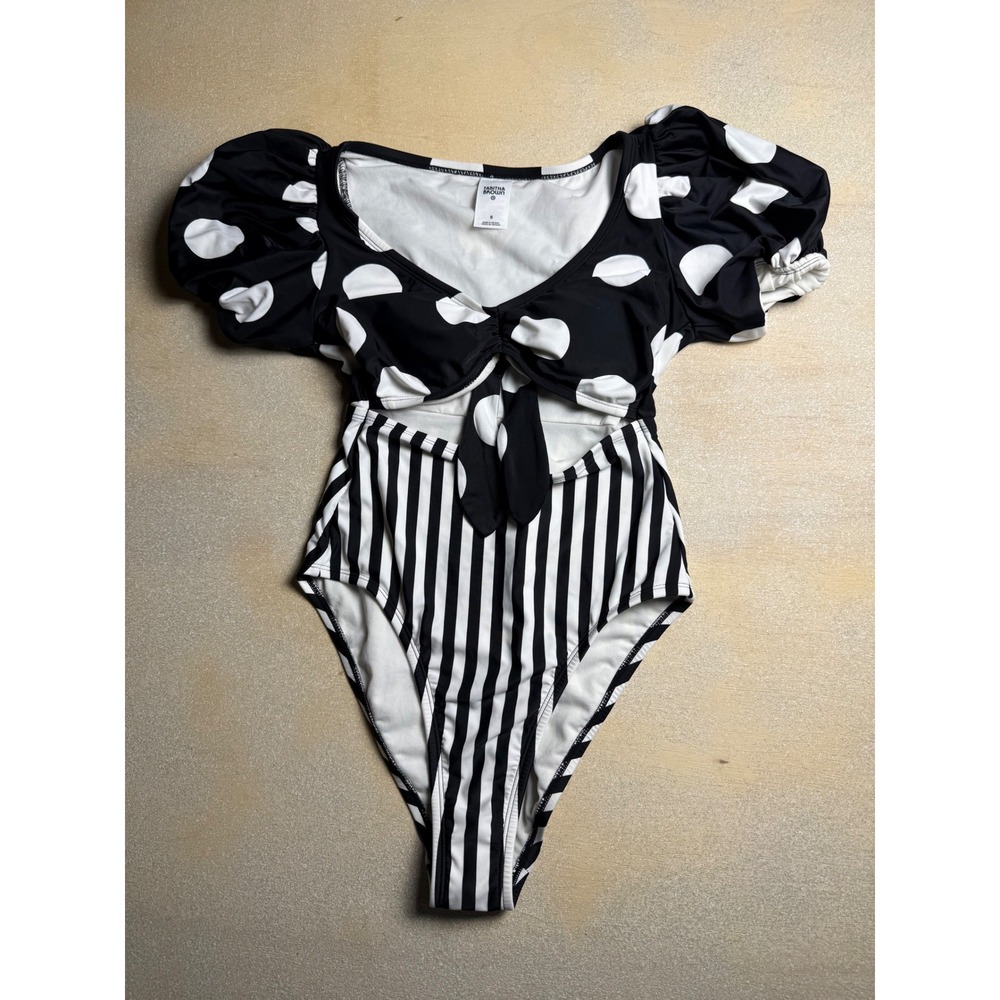 Tabitha Brown Polka Dot Stripe Puff Sleeve One Piece Swimsuit Black White-2448
